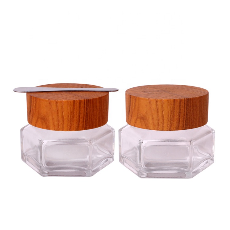 Environmental hexagonal 50ml clear glass cream packaging jars for cosmetics with spoon bamboo lid