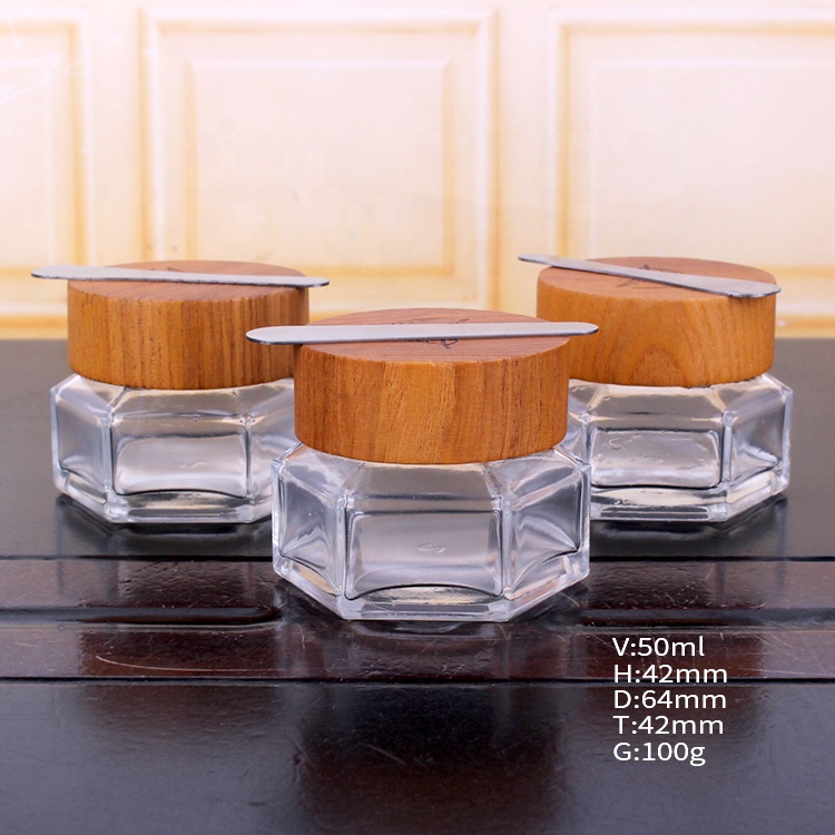 Environmental hexagonal 50ml clear glass cream packaging jars for cosmetics with spoon bamboo lid