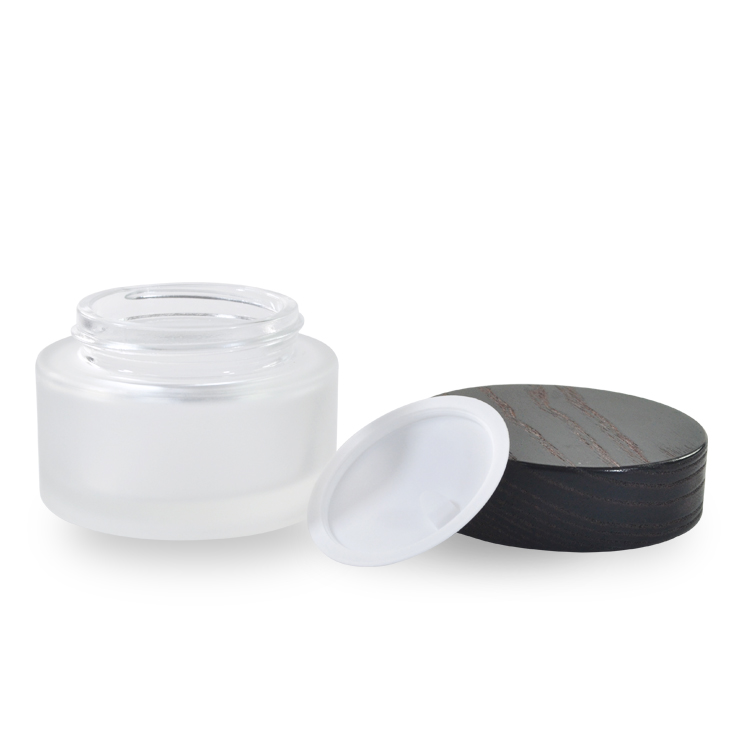 Environmentally friendly cosmetic 30g 50g 100g frosted clear glass Cream Jar with dark wood lid