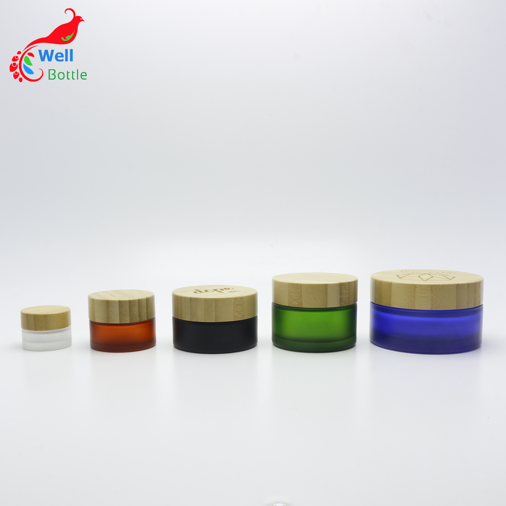 Eoc-friendly cosmetic bamboo glass 30g loose powder jar frosted blue glass jar with wood lid J108E