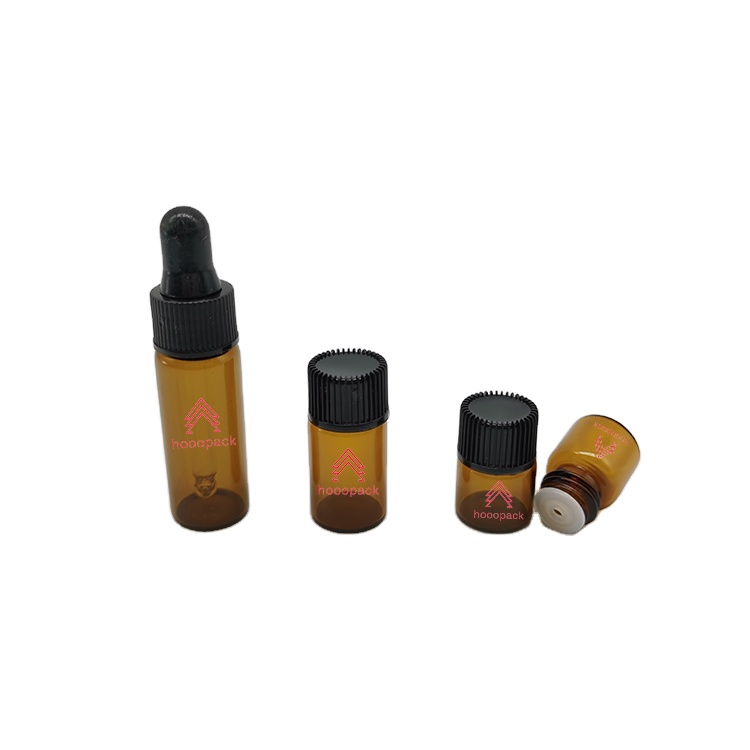 Essential Oil Bottle Amber Round Glass with Black Pipet Caps Dropper Plastic Cosmetic Skin Care Packaging Screen Printing