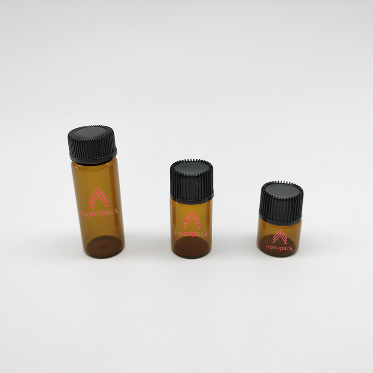 Essential Oil Bottle Amber Round Glass with Black Pipet Caps Dropper Plastic Cosmetic Skin Care Packaging Screen Printing
