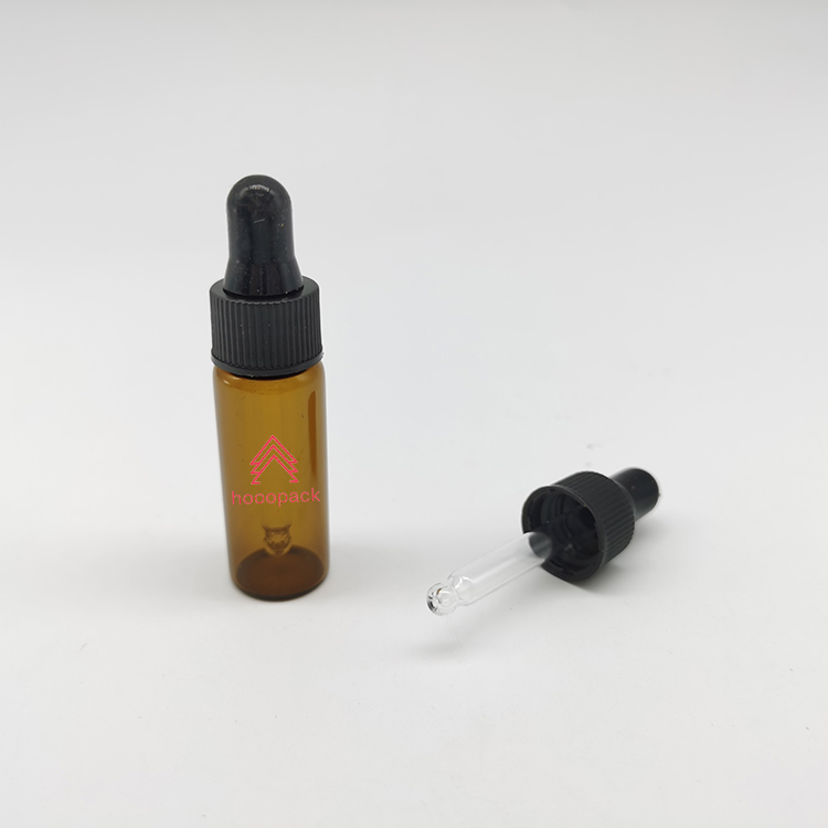 Essential Oil Bottle Amber Round Glass with Black Pipet Caps Dropper Plastic Cosmetic Skin Care Packaging Screen Printing
