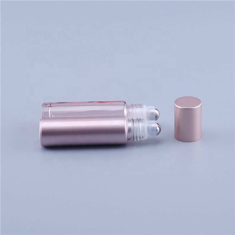 Essential Oil Use 10ml Pink Roll On Glass Roller Perfume Bottle With Glass or Stainless Steel Roller Ball And Rose Gold Cap