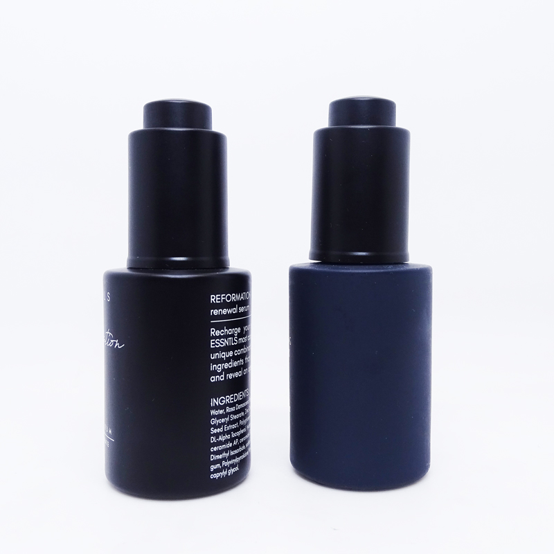 Essential oil CBD oil 30ml 1 oz frosted blue flat shoulder matte black press push glass dropper bottle