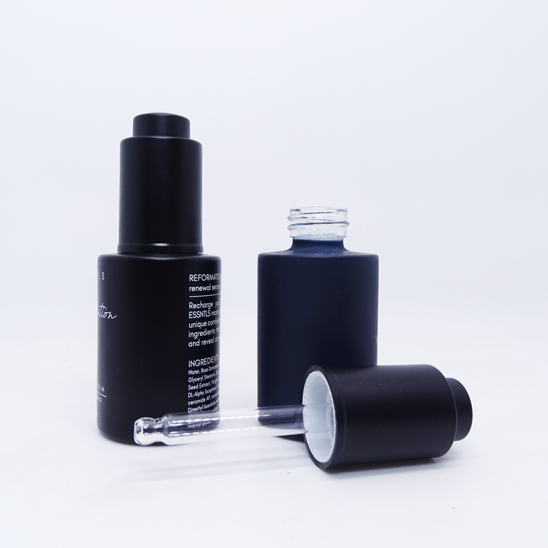 Essential oil CBD oil 30ml 1 oz frosted blue flat shoulder matte black press push glass dropper bottle