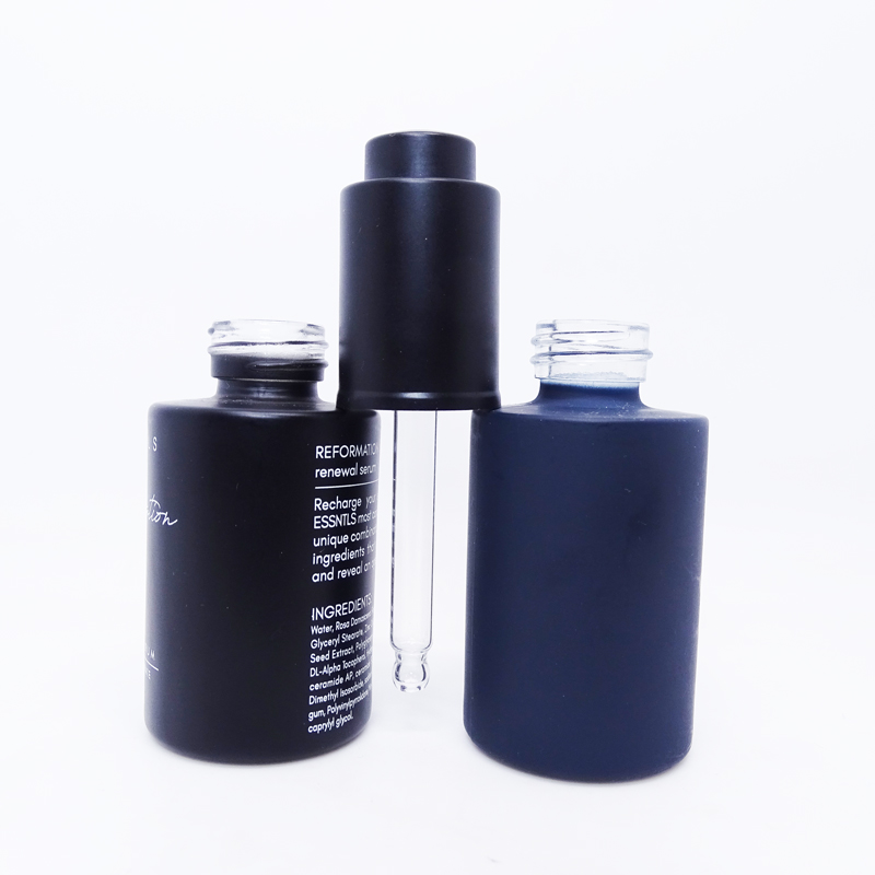 Essential oil CBD oil 30ml 1 oz frosted blue flat shoulder matte black press push glass dropper bottle