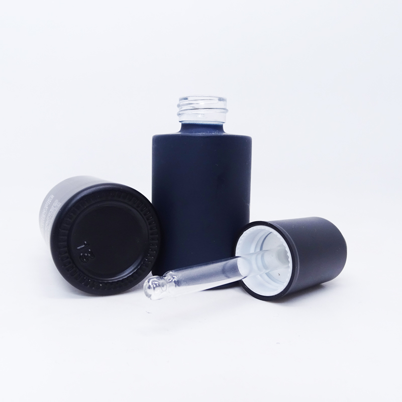 Essential oil CBD oil 30ml 1 oz frosted blue flat shoulder matte black press push glass dropper bottle