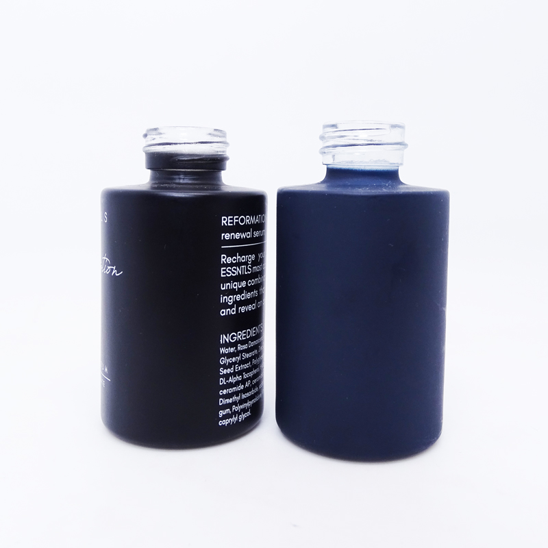 Essential oil CBD oil 30ml 1 oz frosted blue flat shoulder matte black press push glass dropper bottle