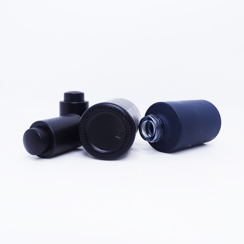 Essential oil CBD oil 30ml 1 oz frosted blue flat shoulder matte black press push glass dropper bottle