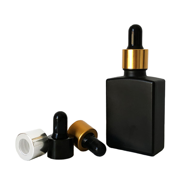 Essential oil e liquid 30ml matte frosted black rectangle square glass dropper bottle with gold screw cap