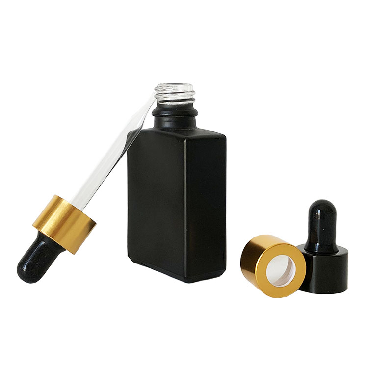 Essential oil e liquid 30ml matte frosted black rectangle square glass dropper bottle with gold screw cap