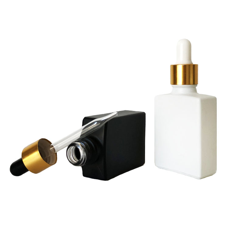 Essential oil e liquid 30ml matte frosted black rectangle square glass dropper bottle with gold screw cap