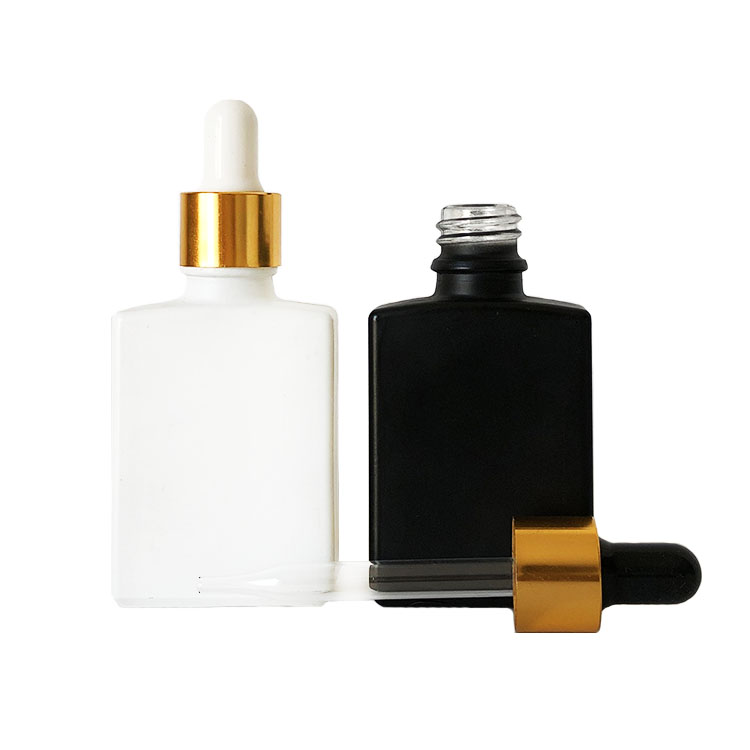 Essential oil e liquid 30ml matte frosted black rectangle square glass dropper bottle with gold screw cap