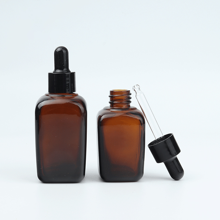 Essential oil liquid 30ml matte frosted amber rectangle square glass dropper bottle with black screw cap