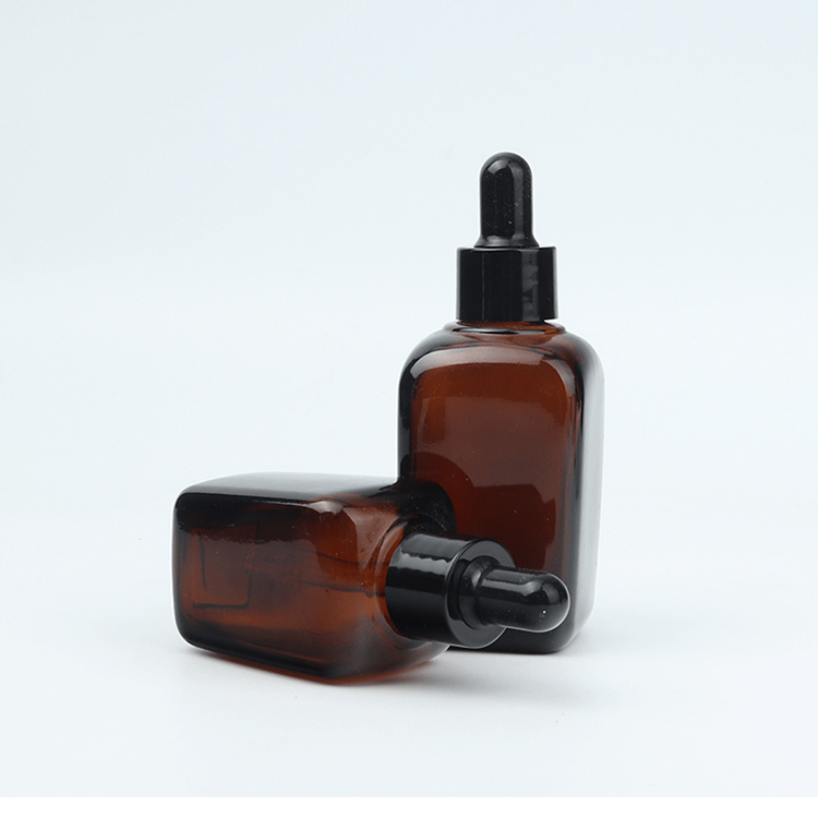 Essential oil liquid 30ml matte frosted amber rectangle square glass dropper bottle with black screw cap