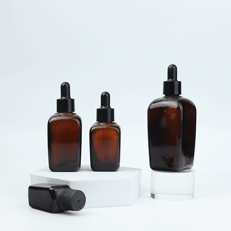 Essential oil liquid 30ml matte frosted amber rectangle square glass dropper bottle with black screw cap