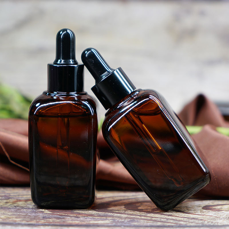 Essential oil liquid 30ml matte frosted amber rectangle square glass dropper bottle with black screw cap
