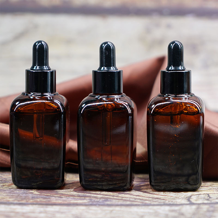 Essential oil liquid 30ml matte frosted amber rectangle square glass dropper bottle with black screw cap