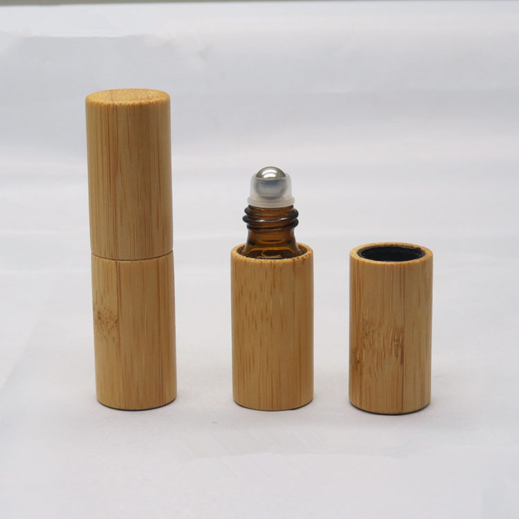 Essential oil packaging 10ml 15ml bamboo steel roller ball perfume bottle with bamboo cap