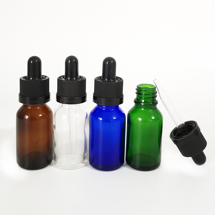 Essential oil packaging 15ml clear green blue amber glass dropper bottle with childproof cap