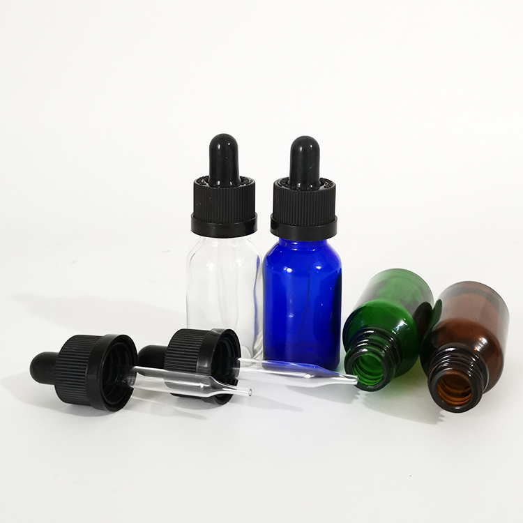 Essential oil packaging 15ml clear green blue amber glass dropper bottle with childproof cap