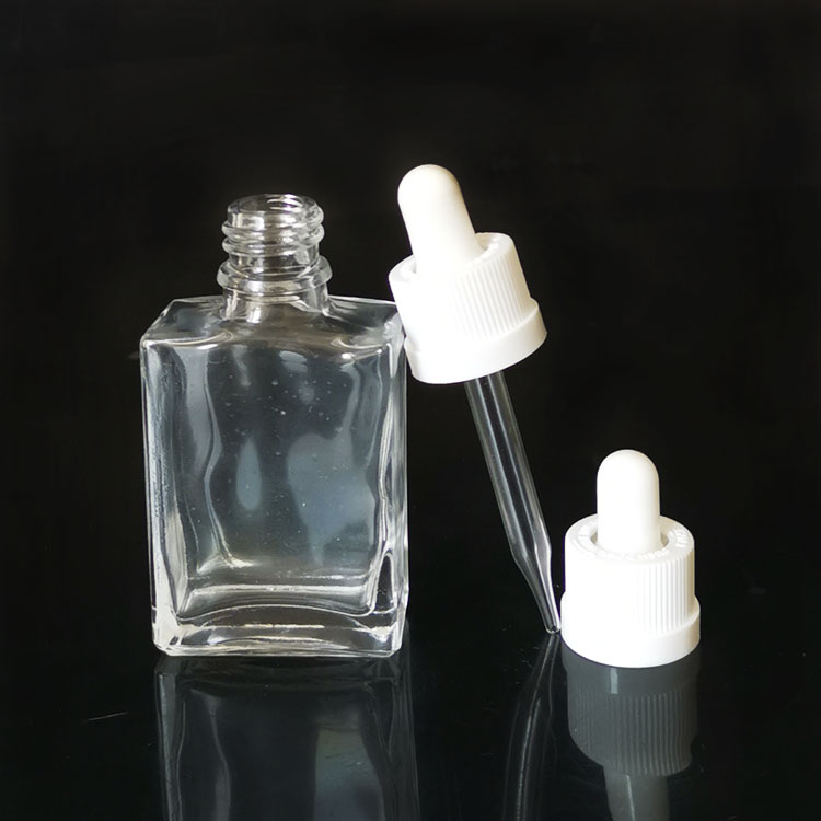 Essential oil packaging 1oz 30ml transparent clear rectangle glass dropper bottle with caps