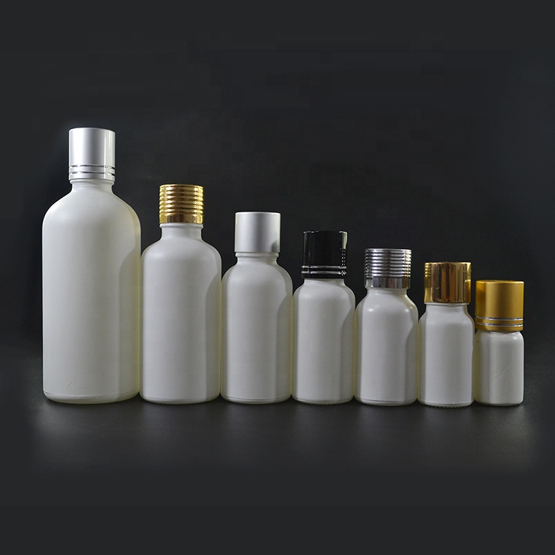 Essential oil packaging 30ml 50ml 100ml white black frosted glass dropper bottle with aluminum screw cap inner plastic plug