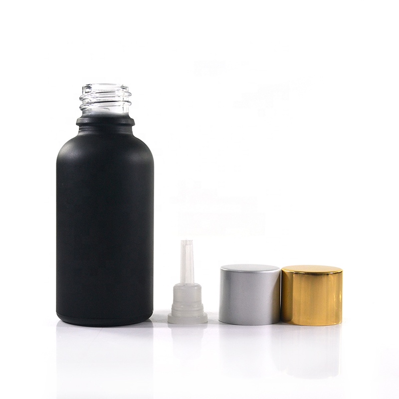 Essential oil packaging 30ml 50ml 100ml white black frosted glass dropper bottle with aluminum screw cap inner plastic plug