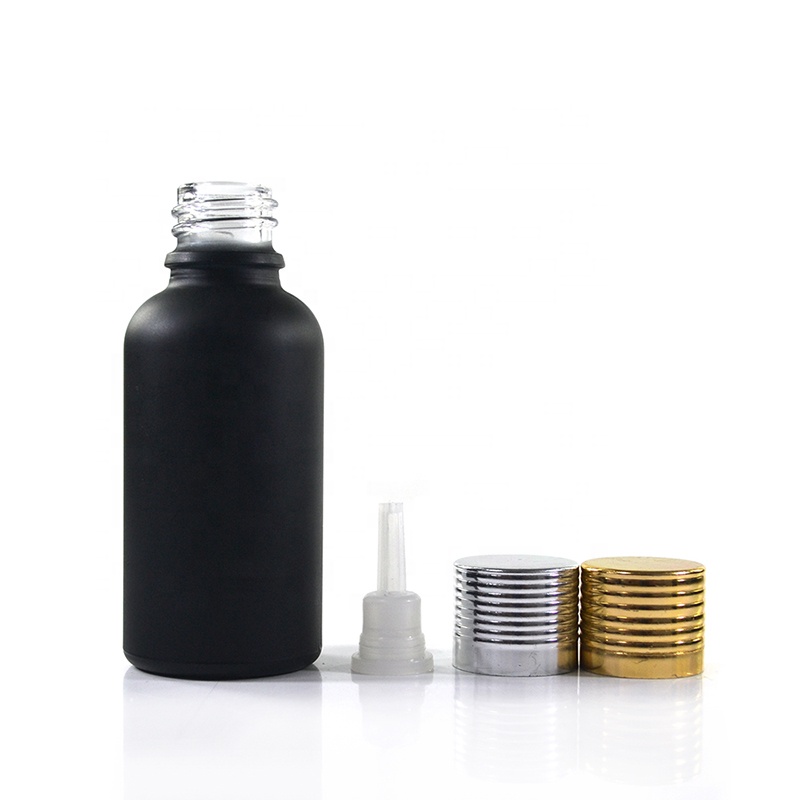 Essential oil packaging 30ml 50ml 100ml white black frosted glass dropper bottle with aluminum screw cap inner plastic plug