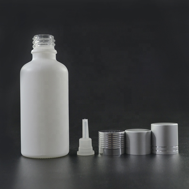 Essential oil packaging 30ml 50ml 100ml white black frosted glass dropper bottle with aluminum screw cap inner plastic plug