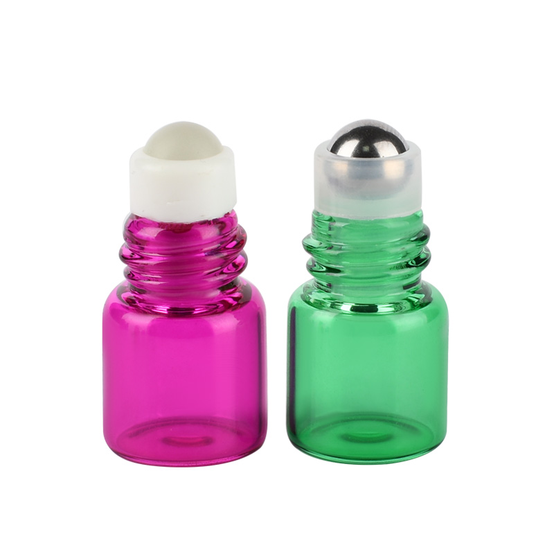 Essential oil perfume glass metal roller bottle clear amber pink purple green 1ml 2ml 3ml 5ml 10ml glass roll on bottle with cap