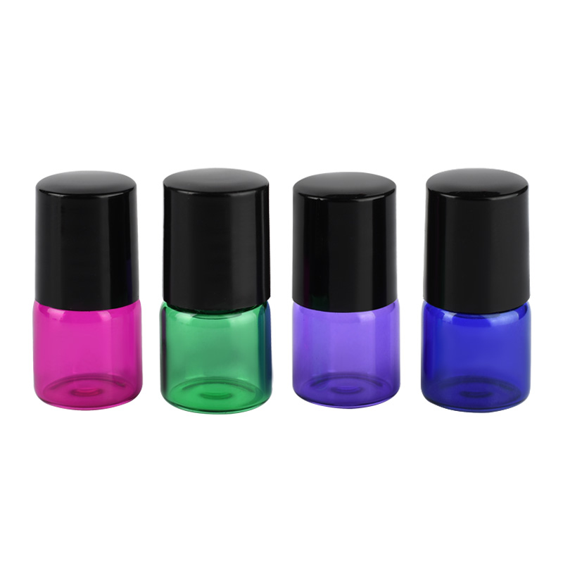 Essential oil perfume glass metal roller bottle clear amber pink purple green 1ml 2ml 3ml 5ml 10ml glass roll on bottle with cap