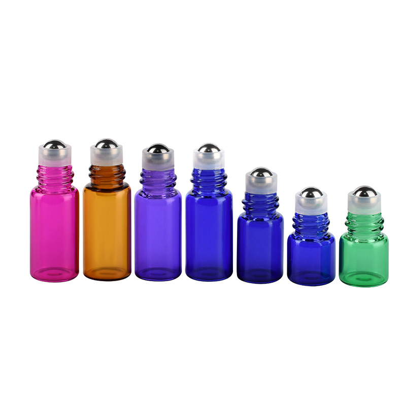 Essential oil perfume glass metal roller bottle clear amber pink purple green 1ml 2ml 3ml 5ml 10ml glass roll on bottle with cap