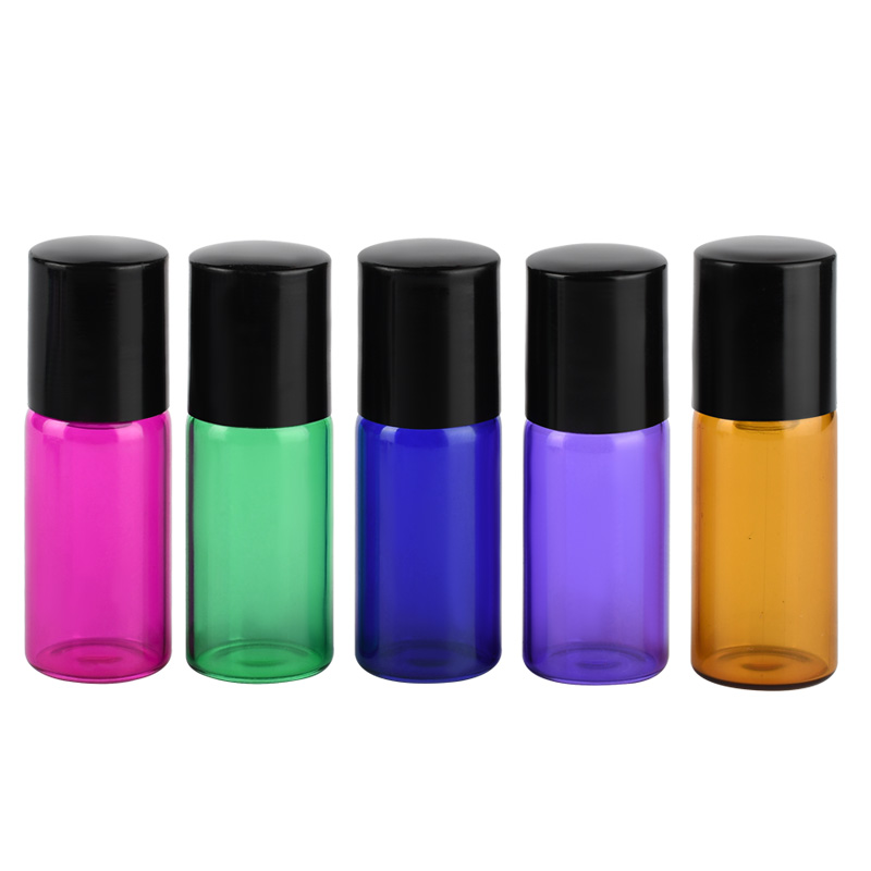 Essential oil perfume glass metal roller bottle clear amber pink purple green 1ml 2ml 3ml 5ml 10ml glass roll on bottle with cap