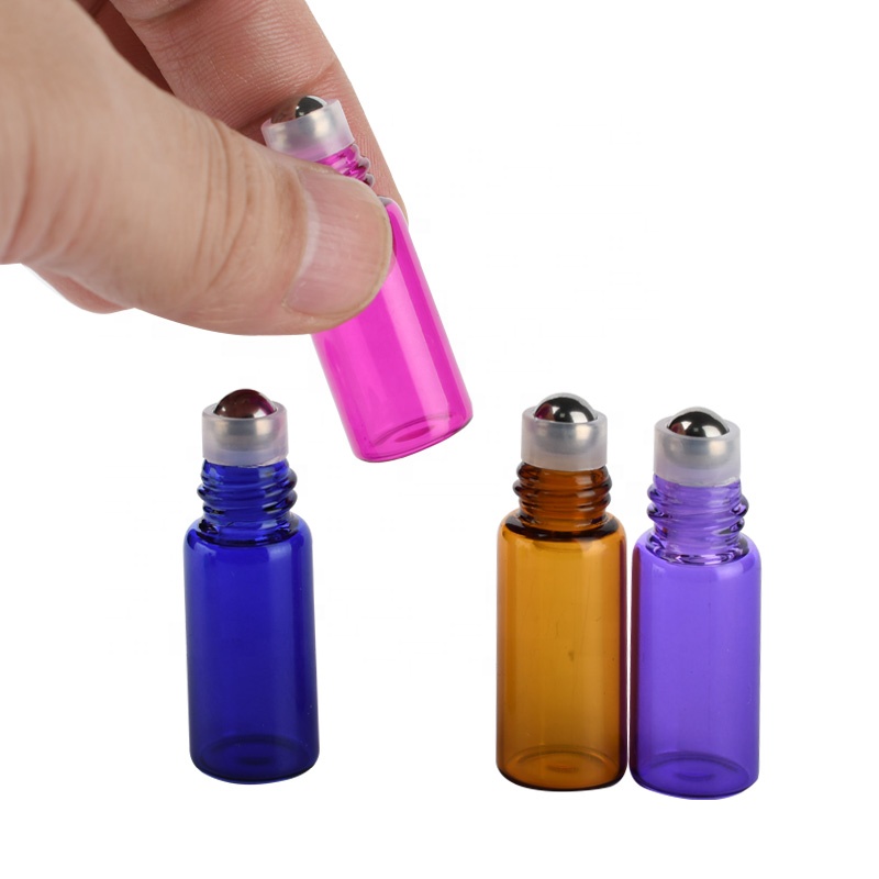Essential oil perfume roller 1ml 2ml 3ml 5ml 10ml clear amber green pink purple blue glass roll on bottle with caps