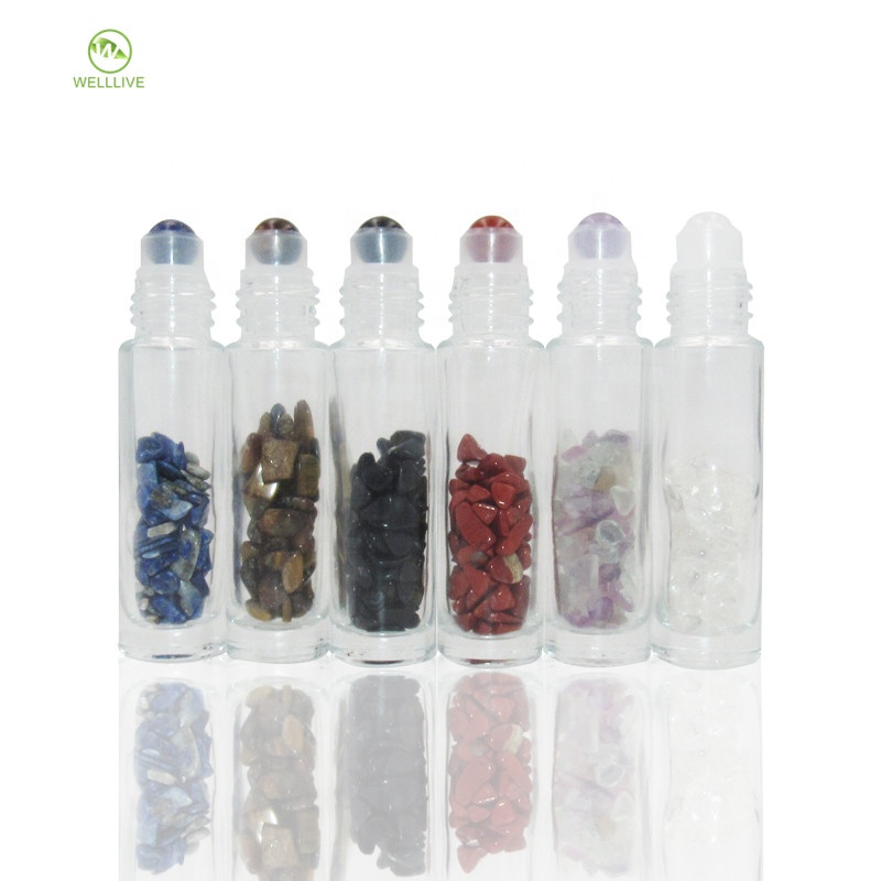 Essential oil use 10ml clear glass assorted Natural Quartz crystal gemstone roller bottles with wood bamboo cap