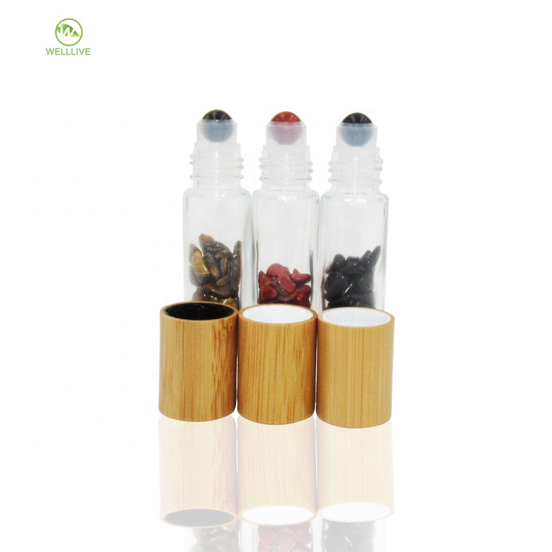 Essential oil use 10ml clear glass assorted Natural Quartz crystal gemstone roller bottles with wood bamboo cap