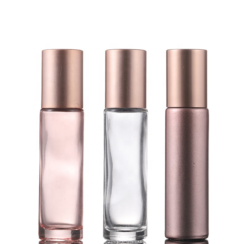 Essential oil use pink 10 ml eye cream glass roll on bottle with rose gold cap and metal stainless roll balls bottle tin