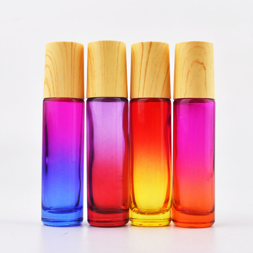 Essential oil use pink black colorful 5ml 10ml eye cream glass roll on bottle with bamboo lid and metal stainless roll balls