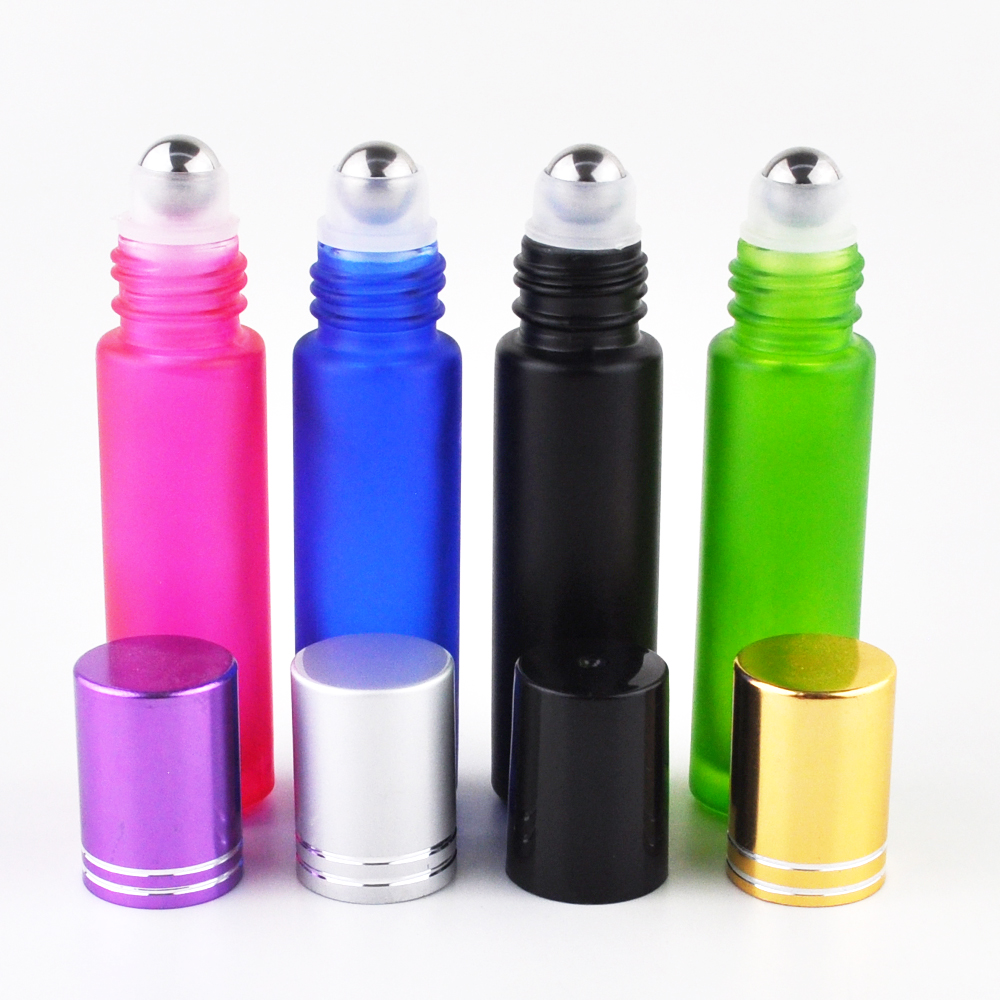 Essential oil use pink black colorful 5ml 10ml eye cream glass roll on bottle with bamboo lid and metal stainless roll balls