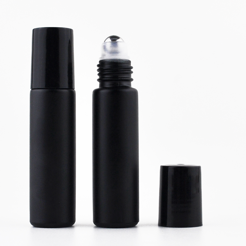 Essential oil use pink black colorful 5ml 10ml eye cream glass roll on bottle with bamboo lid and metal stainless roll balls