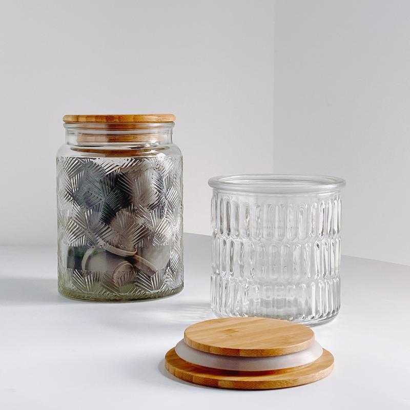 Europe style Emboss tea glass jars wholesale glass containers with lids candy glass jar