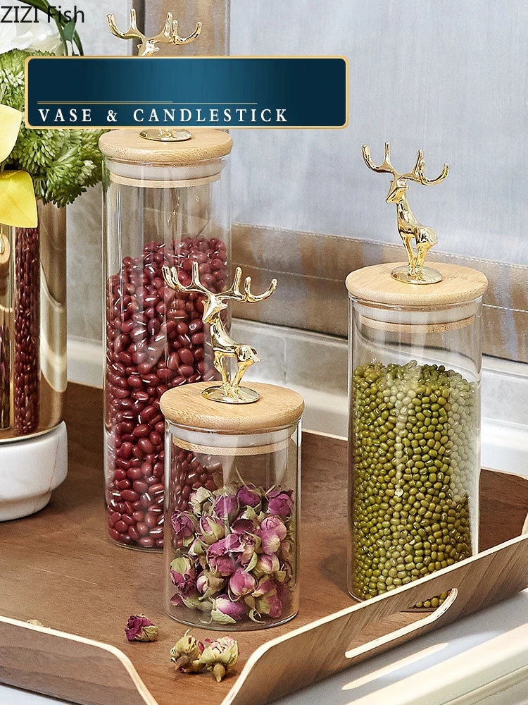 European Simply Tea Caddies Golden Deer Decorative Glass Spices Pot Storage Candy Jar with Wood Cover Tea Caddy Grains Cans