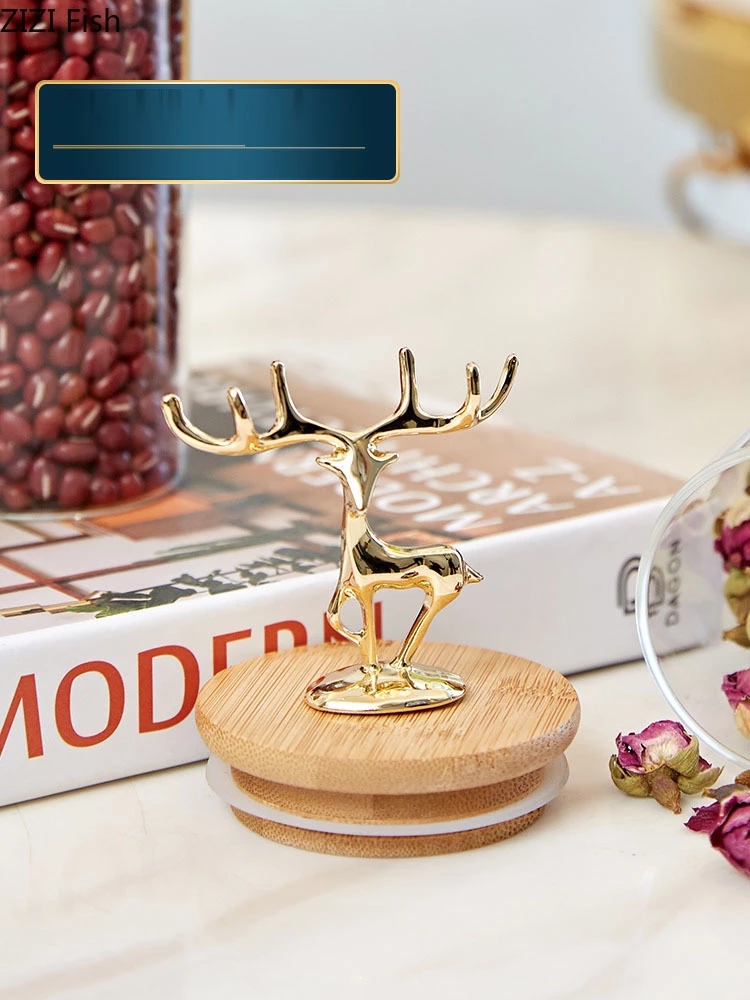 European Simply Tea Caddies Golden Deer Decorative Glass Spices Pot Storage Candy Jar with Wood Cover Tea Caddy Grains Cans