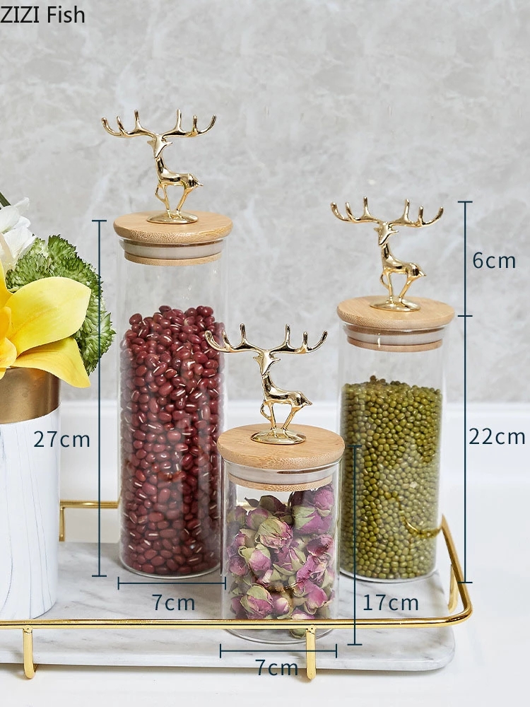 European Simply Tea Caddies Golden Deer Decorative Glass Spices Pot Storage Candy Jar with Wood Cover Tea Caddy Grains Cans