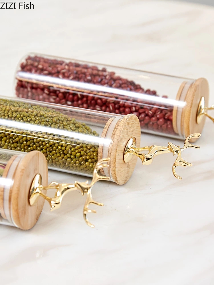 European Simply Tea Caddies Golden Deer Decorative Glass Spices Pot Storage Candy Jar with Wood Cover Tea Caddy Grains Cans