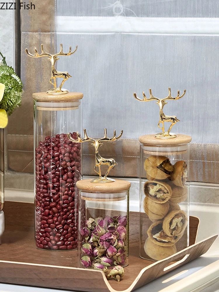 European Simply Tea Caddies Golden Deer Decorative Glass Spices Pot Storage Candy Jar with Wood Cover Tea Caddy Grains Cans