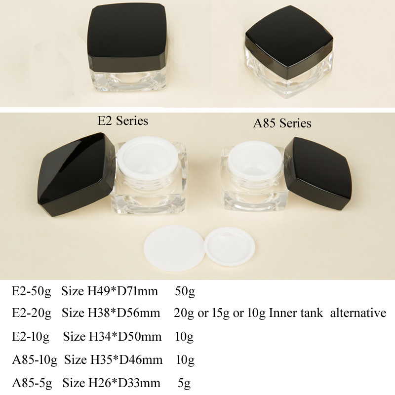 Ex-stock 20g acrylic empty square cream jar In Stock black lid and transparent body cream container