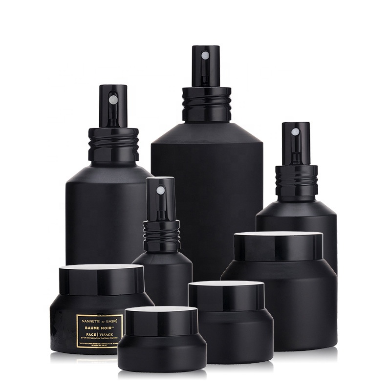 Excellent quality glass cosmetic bottle set, black glass cosmetic bottle and jar,cosmetics cream glass bottles